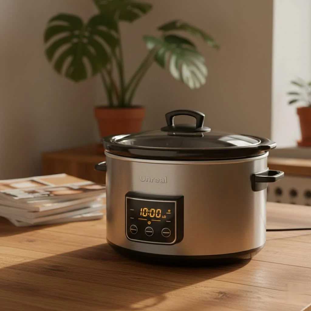 Slow cooker with a delicious meal inside