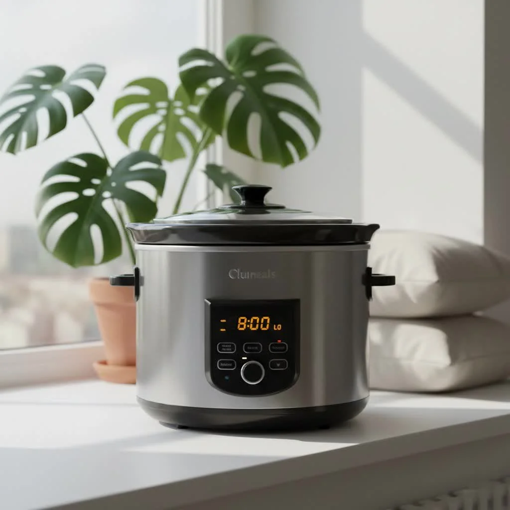 Sunbeam slow cooker with a delicious meal inside