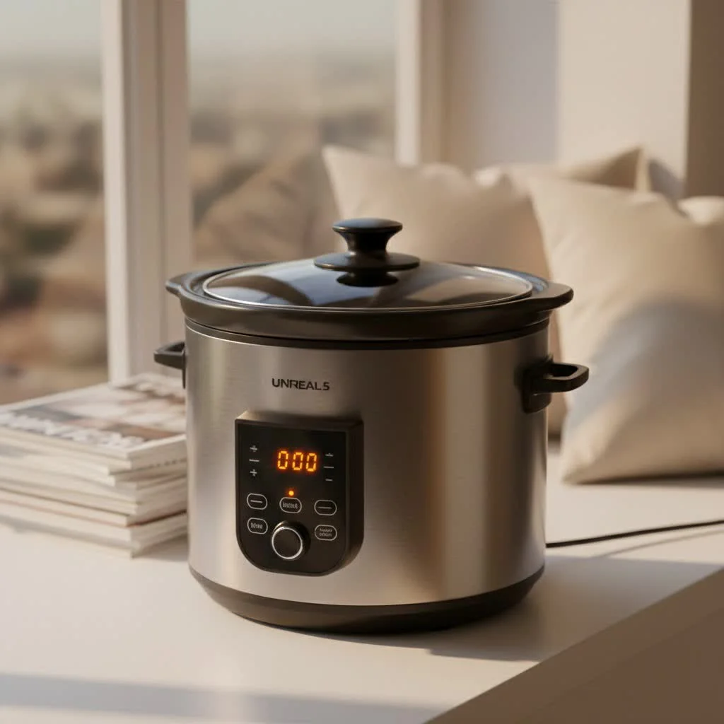 Slow cooker with a hearty stew inside