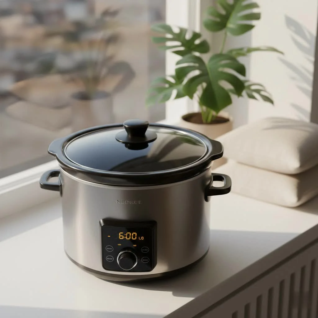 White slow cooker on a kitchen counter