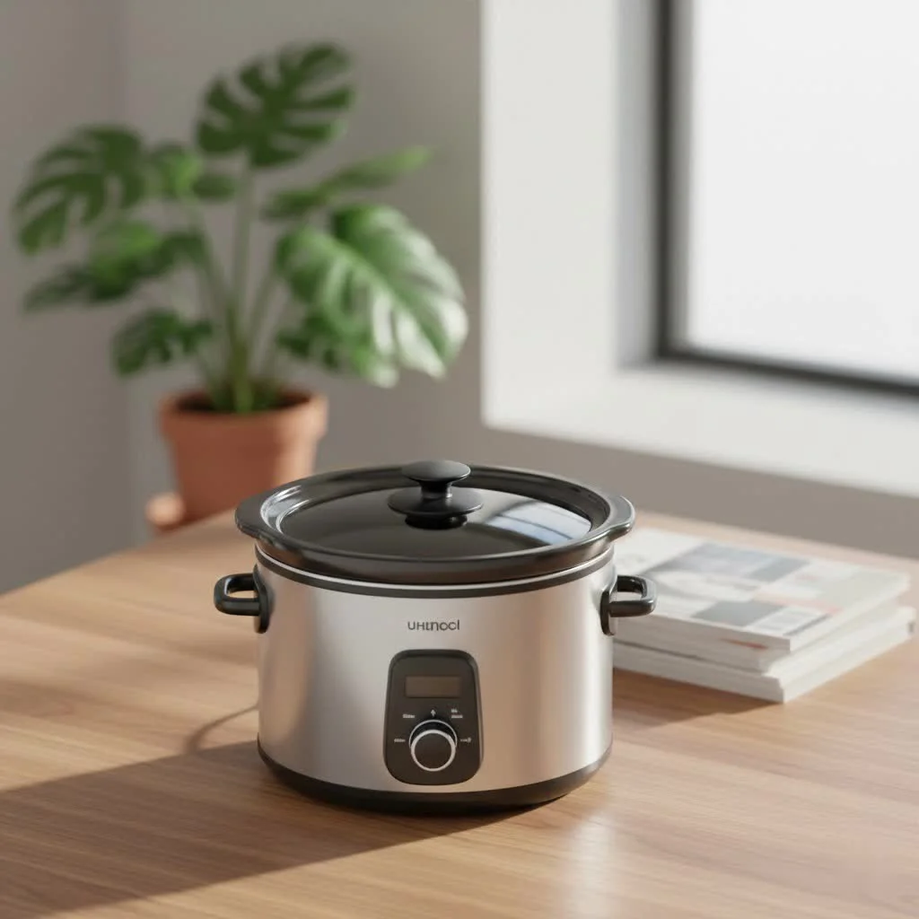 Slow cooker with a hearty stew inside