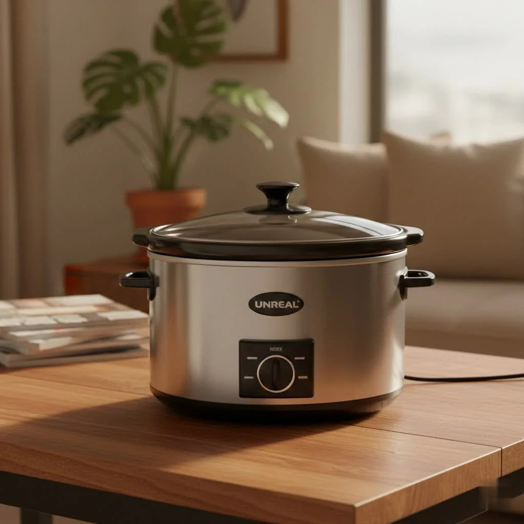 Vibrant red slow cooker on a kitchen counter
