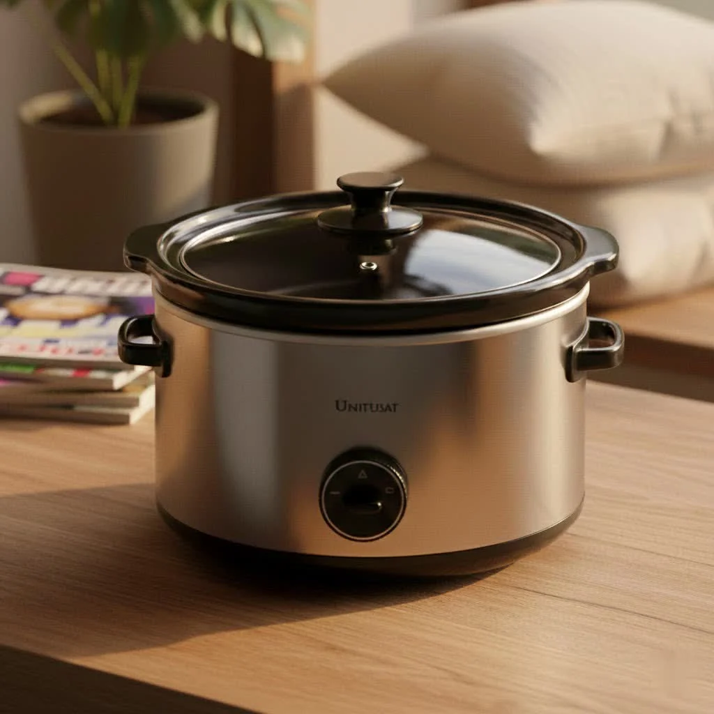 Slow cooker air fryer combo appliance on a kitchen counter