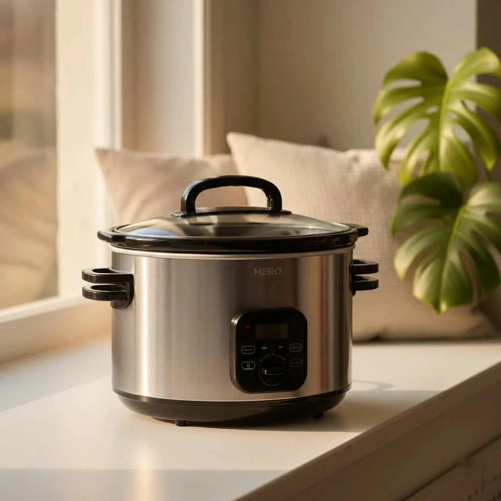 A modern kitchen with a slow cooker on the counter