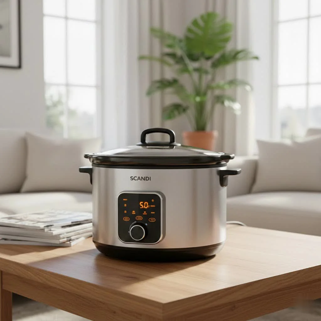 Pink slow cooker on a kitchen counter